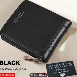 BLACK Leather RFID Zip Around Secure Closure Double Fold Wallet NEW